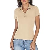 JDWZSI Women's Short Sleeve Polo Shirts Business Casual Tops Collared V Neck Shirts Ribbed Knit Slim Fit Blouse Summer Outfit