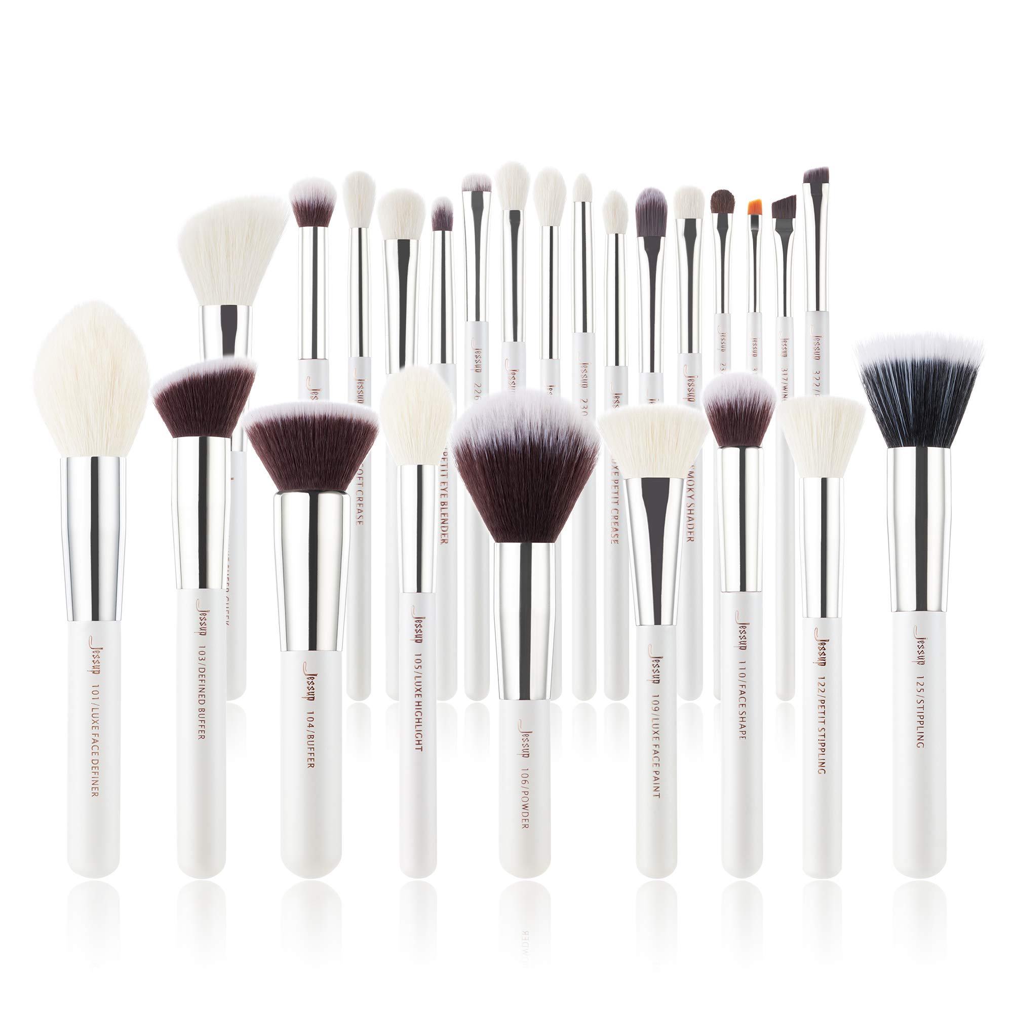 Jessup Brand 25pcs Professional Makeup Brush Set Beauty Cosmetic Foundation Powder Blush Blending Eyeshadow Concealer Highlighter Natural-Synthetic Hair Brushes (Peal White/Silver) T235