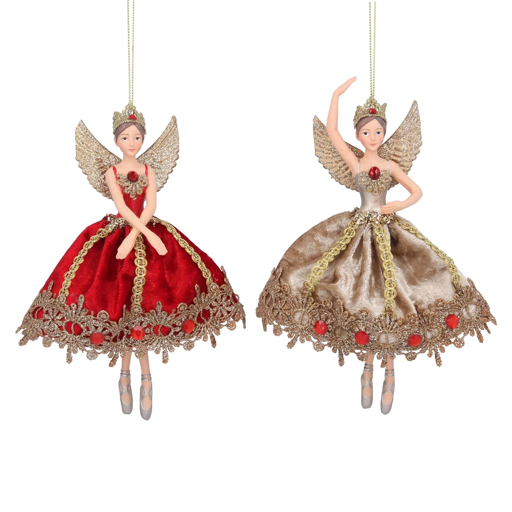 Gisela Graham Fairy in Red &Gold Fabric Dress Resin 16 Centimetre Fairy Decoration, set of 2 Assorted