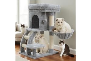 Heybly Cat Tree Tower, Cat condo for Indoor Kittens, Cat House with Wide Plush Top Perch, Ladder, Basket, Sisal-Covered Scratching Posts, Cozy Activity Center for pet, Light Gray HCT009SW