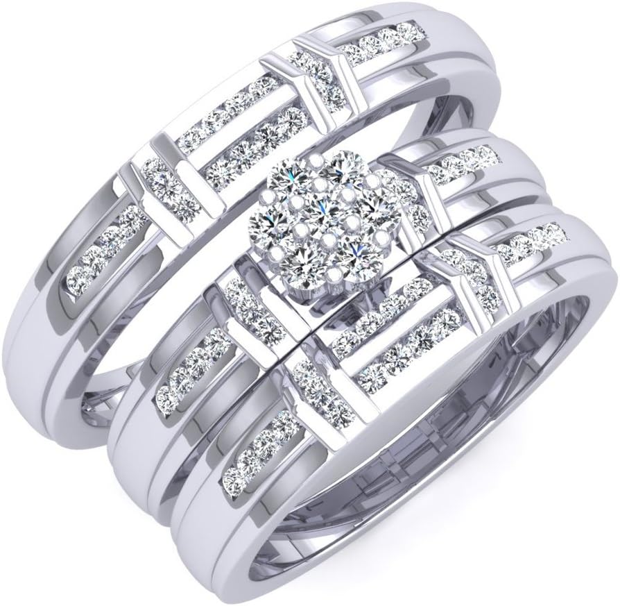 Dazzlingrock Collection 0.50 Carat (ctw) 10K Gold Round White Diamond Men and Women's Cluster Engagement Trio Bridal Set 1/2 CT