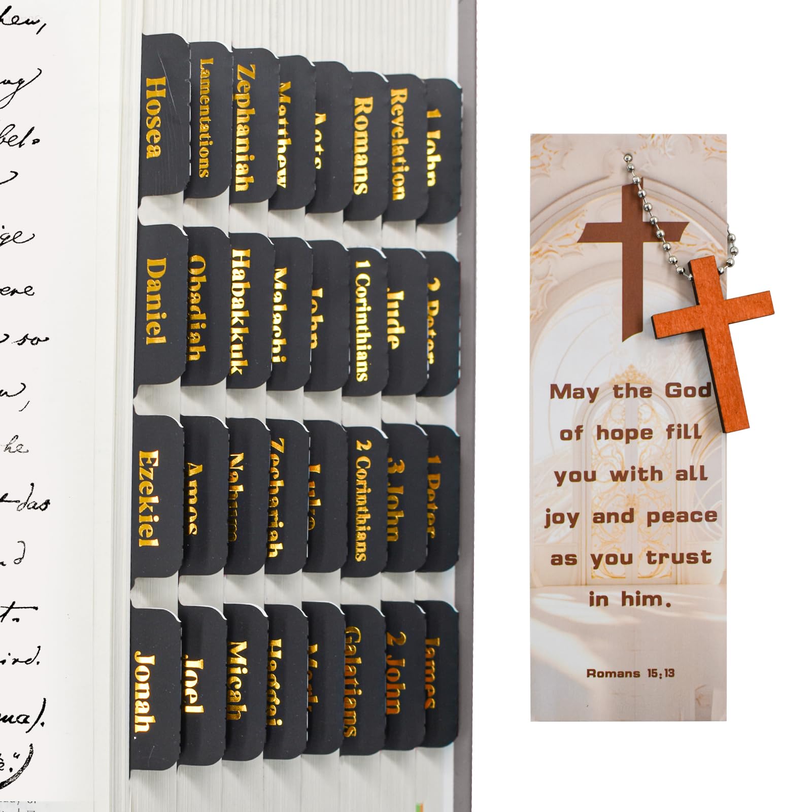 VANRA Bible Tabs for Men Women Study Bible, 96 PCS Black Laminated Bible Tabs Gold Lettering Large Print Bible Journaling Supplies for Old and New Testament