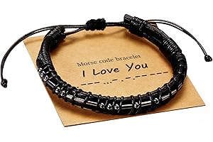 Vrsilver Morse Code Bracelets for Men, Gunmetal Beads on Black Leather Bracelets for Mens Gifts Inspirational Gifts for Him Best Friend Boyfriend Husband Dad Grandpa Friends Brother Mens Jewelry