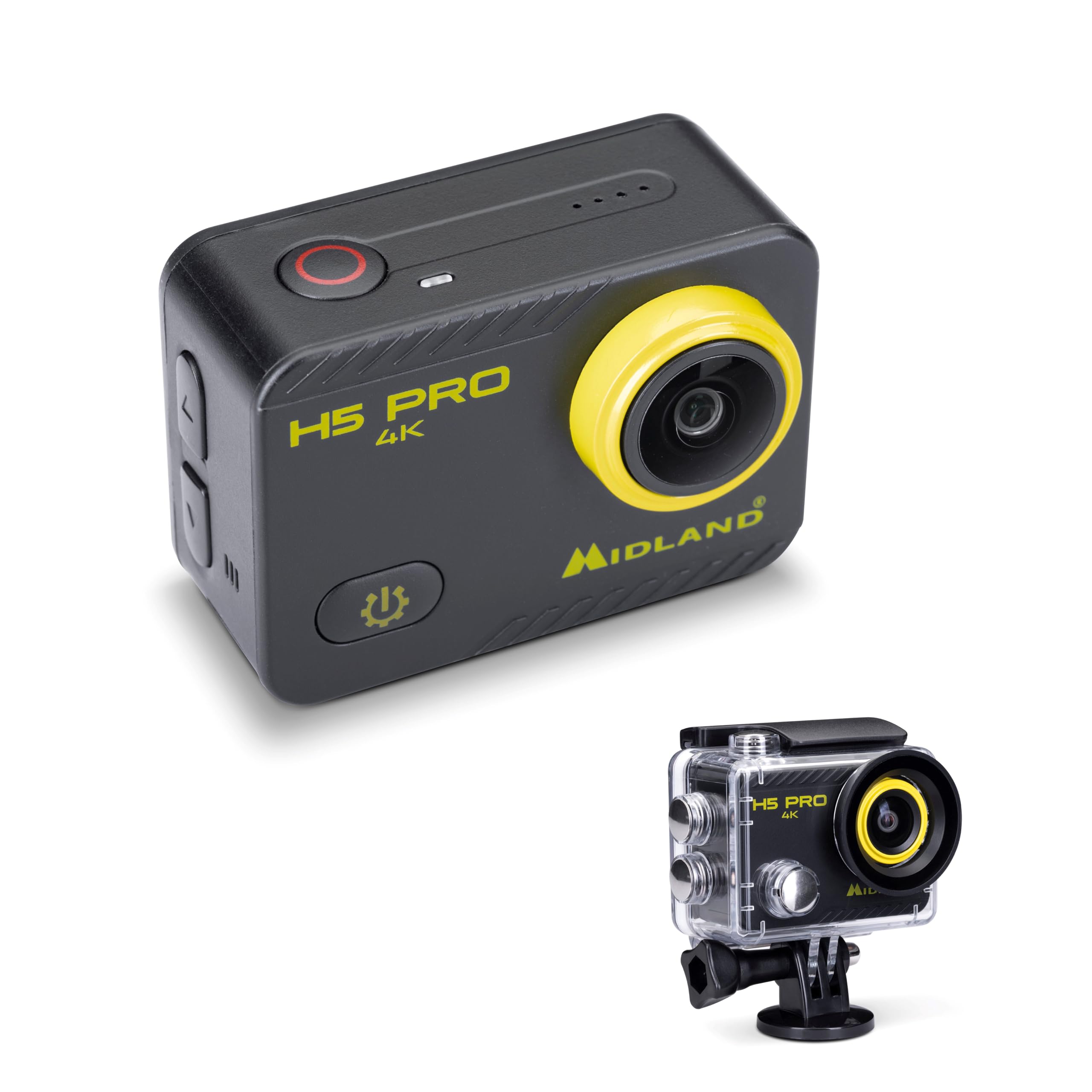 Midland- Action Camera 4K H5 Pro, Ultra HD Sports Camera with Wi-Fi, Time Lapse, 140° Wide Angle, LCD Display, Car Dash Cam with Cycle Recording, Waterproof Device with 30m Case, Motorbike Accessories