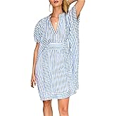 chouyatou Womens Summer Loose Stripe Beach Dress Cover Ups Casual Batwing Sleeve Midi Tunic Shirt Dress