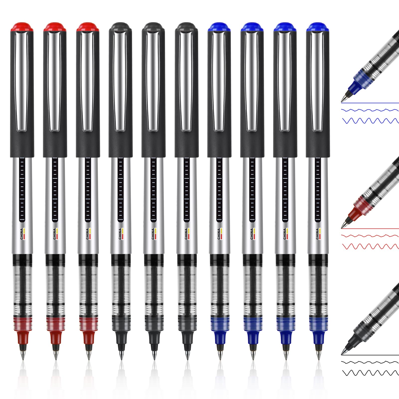 OFFCUP Gel Pens, 10pcs Liquid Ink Rollerball Pen, 0.5mm Quick-Drying Ballpoint Pens Rollerball Pens Writing Pens for Bullet Journal, School & Office Accessories for Students Adults (Black,Blue,Red)