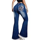 Cuyulitcik Plus Size Flare Jeans for Women High Waisted Bell Bottom Jeans for Women Stretchy Flare Jean Embroidered Jean