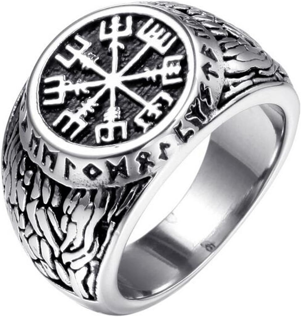Mens Stainless Steel Vegvisir Viking Compass Rune Geometric Pattern Emboss Design Ring
