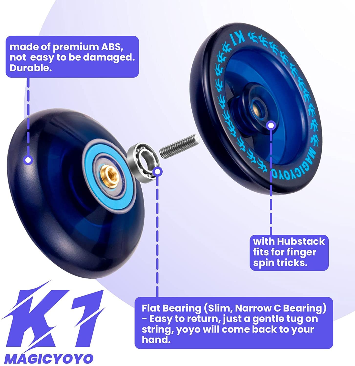 K1 Responsive Yoyo for Kids, Dual Function Yo Yo K2 for Unresponsive Yoyo with KK Bearing, Plastic Crystal Yoyos 3 Pack+Yoyo Strings+Bearing Removal Tool+KK Bearing+Bags