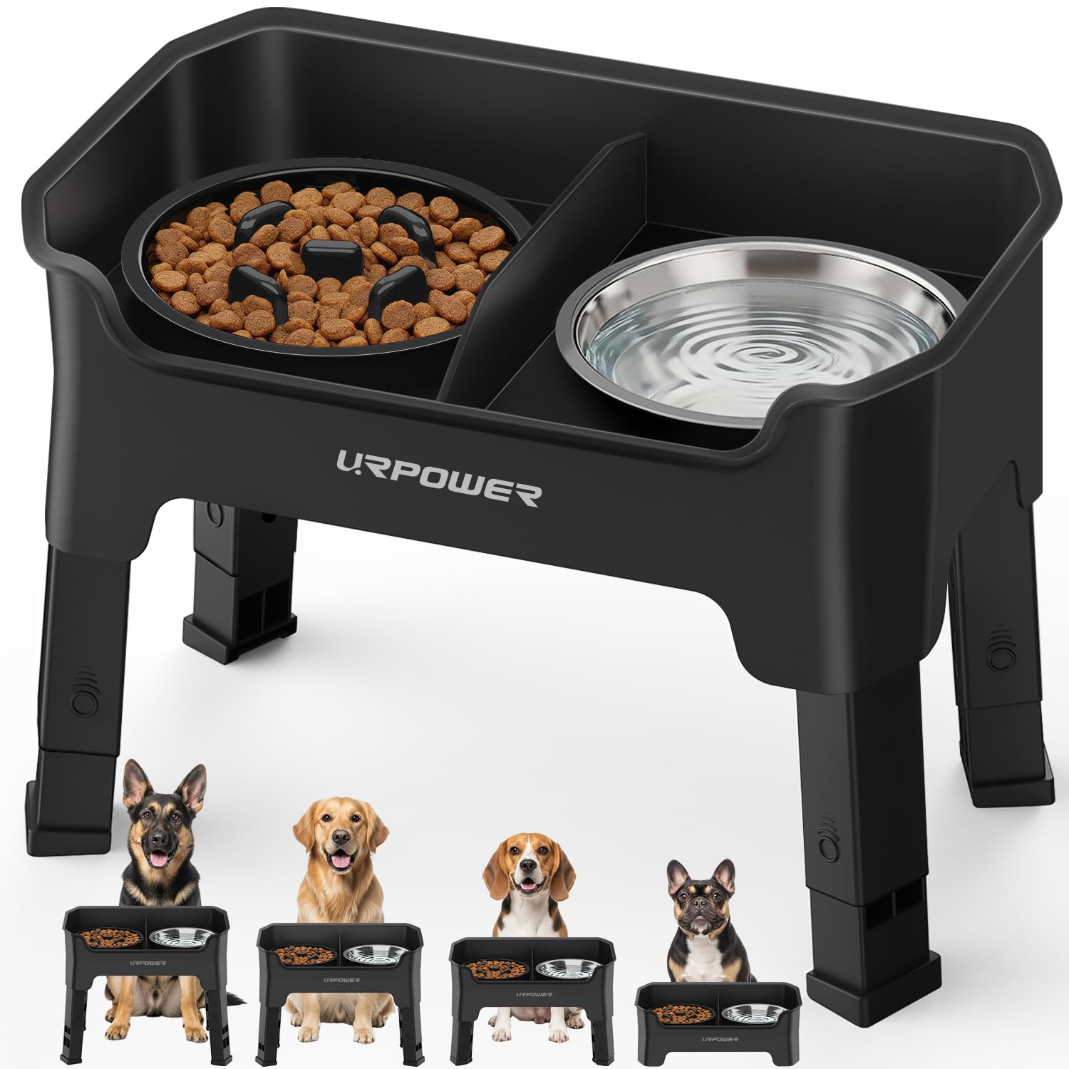 Photo 1 of URPOWER Mess Proof Elevated Dog Bowls, High Wall Splash Guard Design, 4 Height Adjustable Raised Bowl Stand, 2 Stainless Steel Bowls, Non-Slip Food Water Set for Small Medium Large Dogs