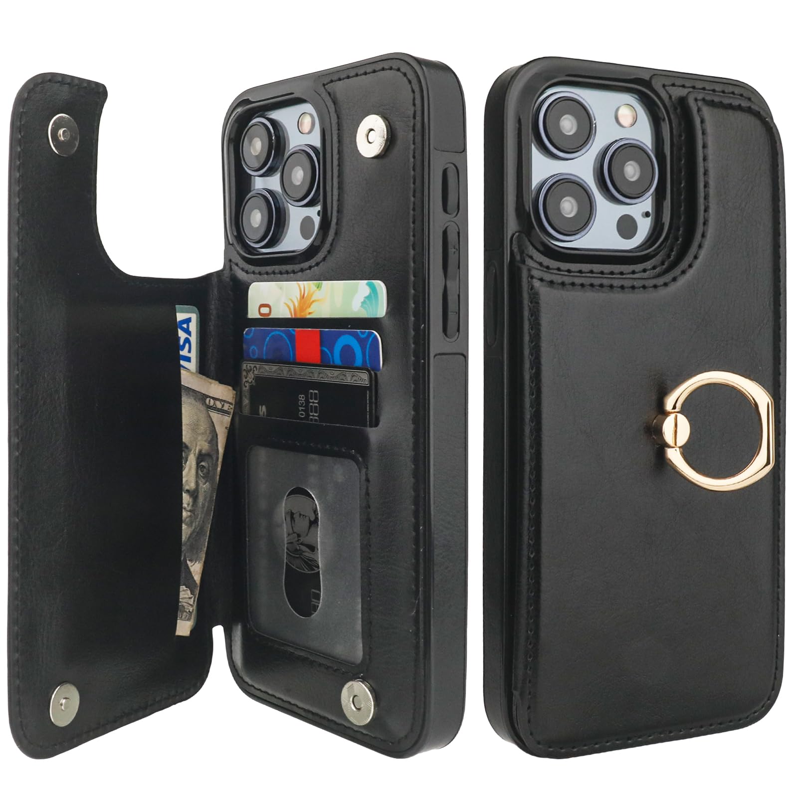 Photo 1 of ONETOP for iPhone 15 Pro Max Wallet Case with Card Holder, 360° Rotation Ring Kickstand RFID Blocking PU Leather Double Magnetic Clasp Shockproof Cover for Women and Girls 6.7 Inch (Black)