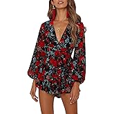 Relipop Womens Floral Print Romper V Neck Long Sleeve Double Layer Ruffle Hem Shorts Jumpsuit 2026 Beach Vacation Outfits