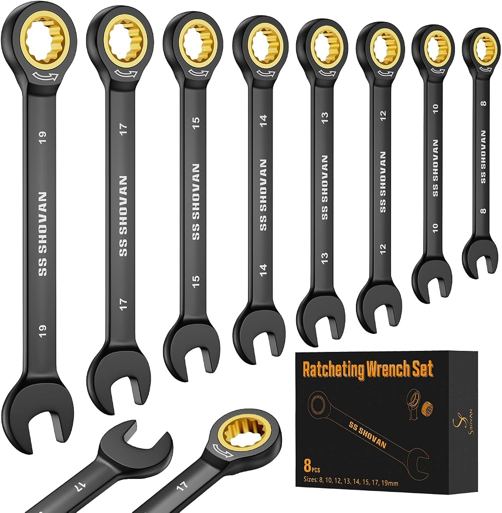 ss shovan 8PCS Ratchet Spanner Set 8-19mm Chrome Vanadium Storage Box