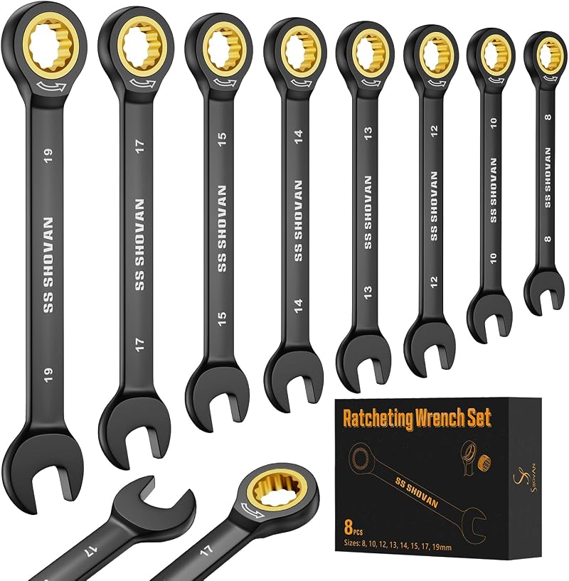 ss shovan 8PCS Ratchet Spanner Set 8-19mm Chrome Vanadium Storage Box