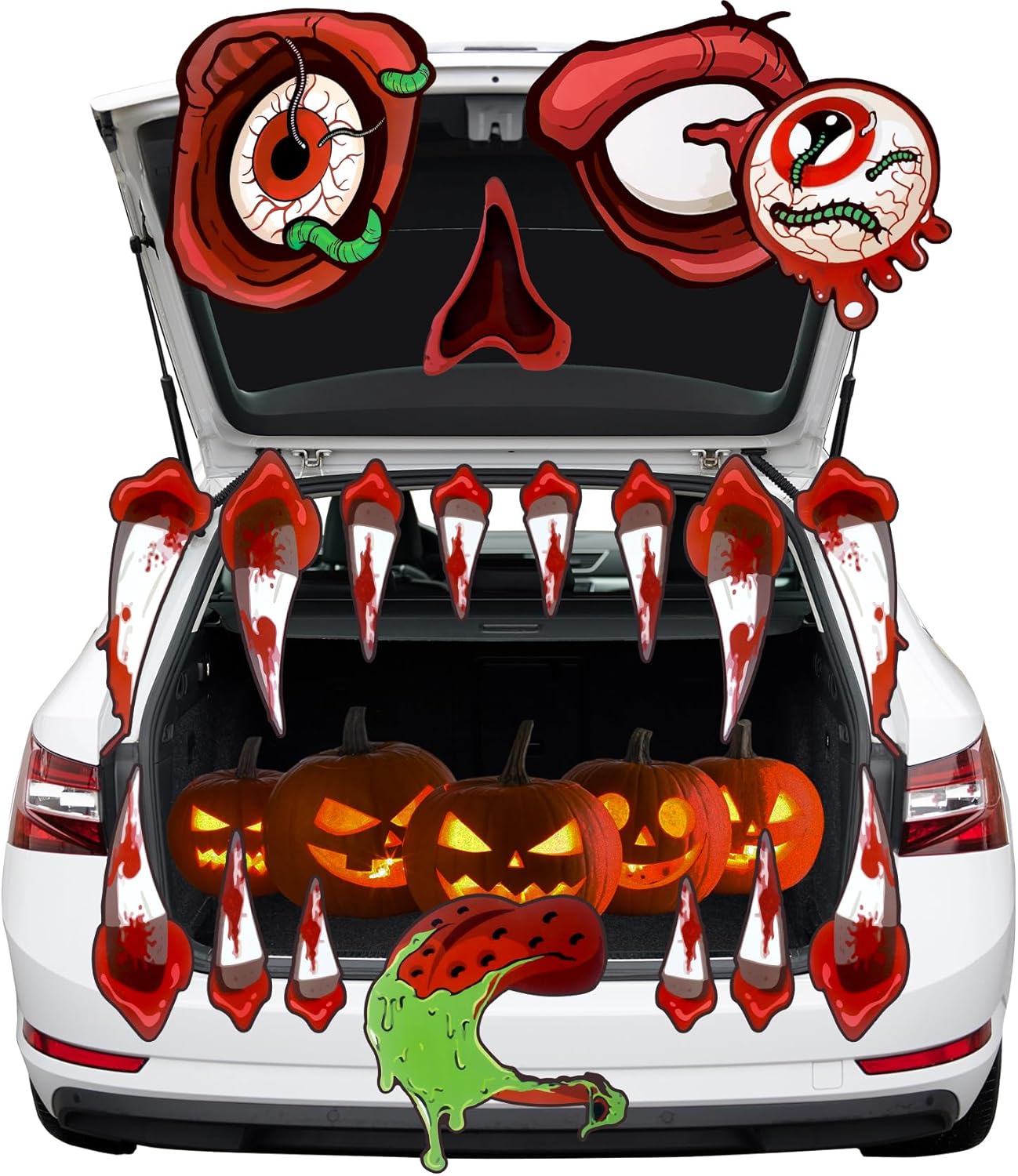 Garage Door Decorations - Trunk or Treat Car Decorations Kit, 18 PCS Large Eyes Monster Face Halloween Garage Door Decorations Waterproof Car Stickers with Fangs for Car SUV Garage Archway Entryway Party Outdoor Decoration
