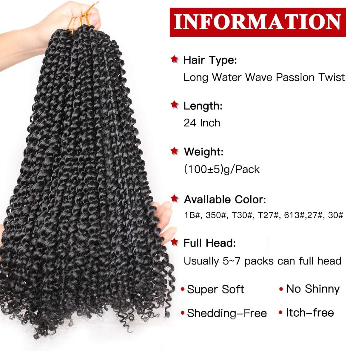 Xtrend 24 Inch Black Passion Twist Hair 44 Strands Water Wave Bohemian Crochet Braids Hair for Butterfly Locs Crochet Hair Long Passion Twist Synthetic Braiding Hair Extensions 1B# - Image 5