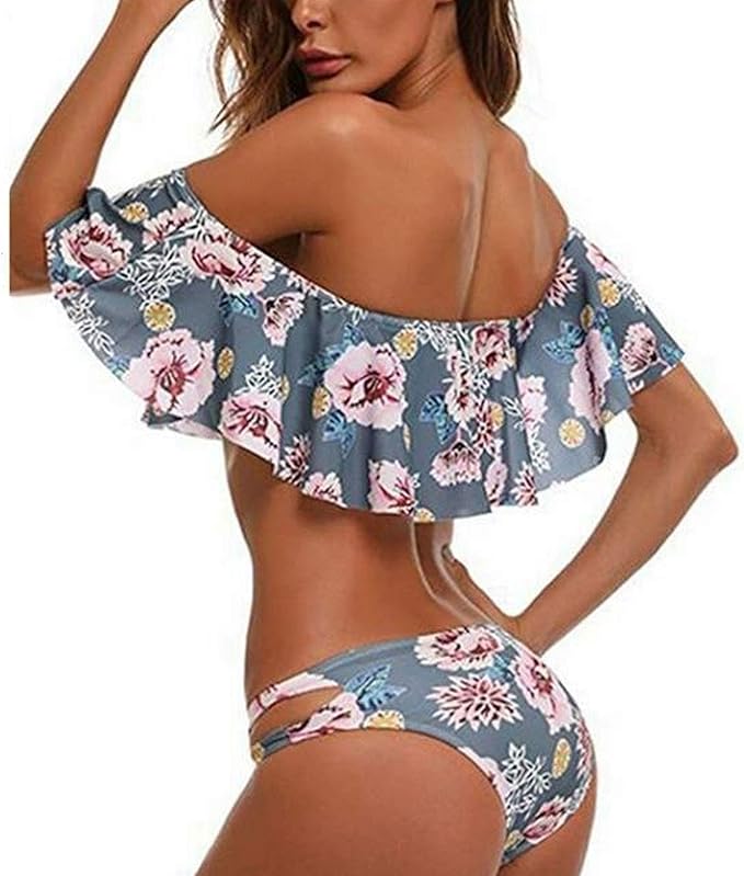 Strapless Bathing Suits for Women 2 Piece Flower Print Ruffle Bandeau