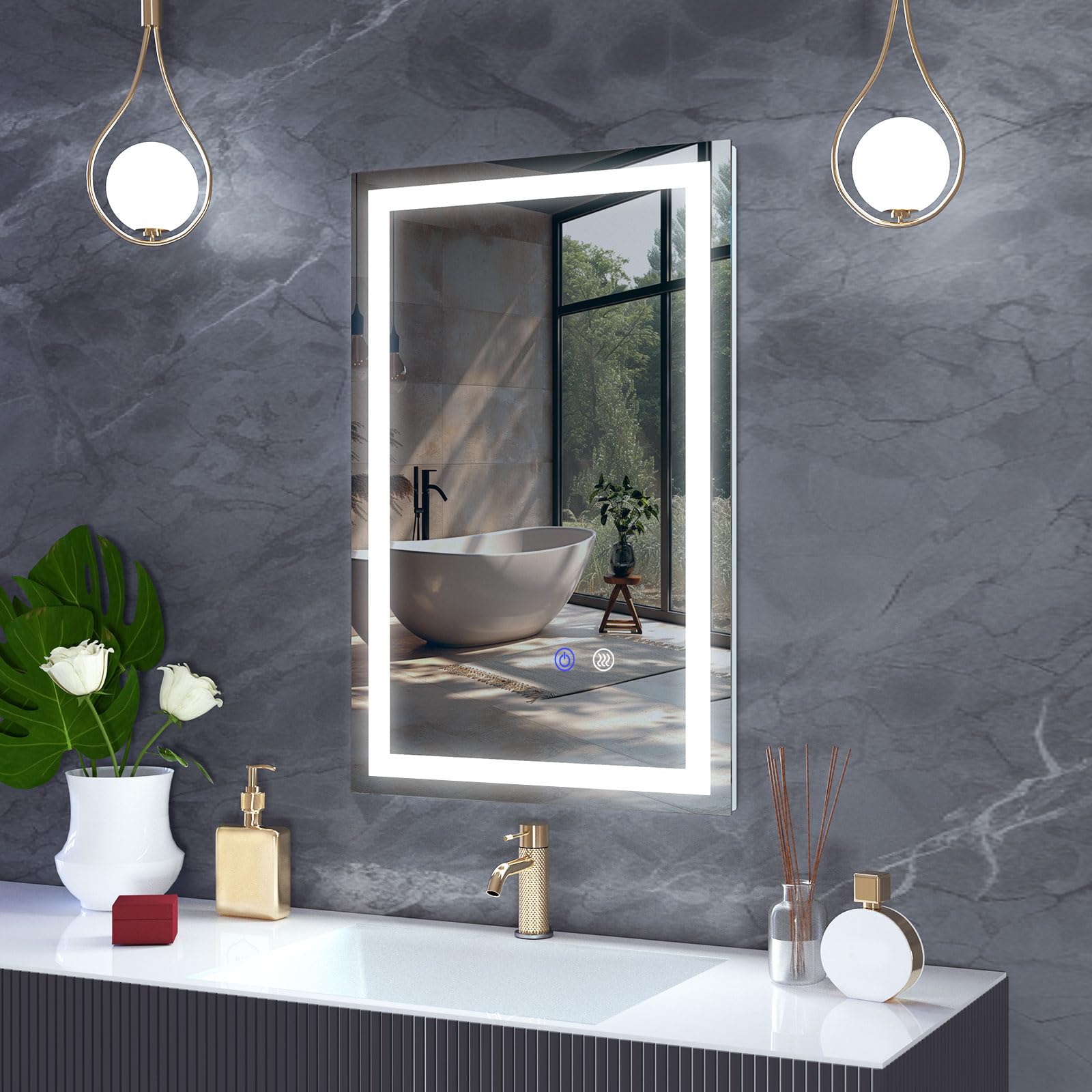 Photo 1 of 16"x 24" LED Bathroom Mirror Vanity Mirror, Anti-Fog, Dimmable, Color Temperature Adjustable 3000-6000K, Switch-held Memory Led Wall Mirror Suitable for Bathroom, Vanity (Vertical/Horizontal)