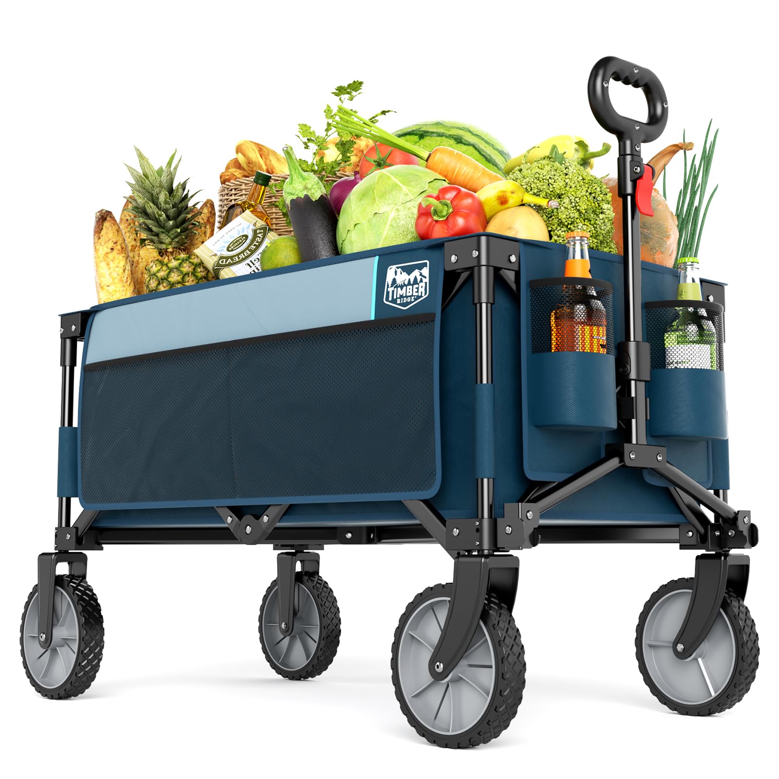 Photo 1 of Timber Ridge Collapsible Outdoor Folding Wagon Cart Heavy Duty Camping Patio Shopping Garden Cart with Side Bag Cup Holder, Blue