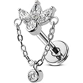 COCHARM G23 Titanium Dangling Chain Helix Earrings 16g Flat Back Flower Upper Ear Stud Piercing 6mm Tragus Earrings 16 Gauge Internally Threaded Forward Helix Jewelry