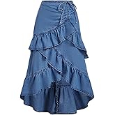 GORGLITTER Women's Asymmetrical Long Jean Skirt Ruched Tiered Ruffle High Waisted Boho Western Fall Denim Maxi Skirts