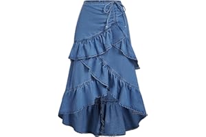 SOLY HUX Women's Jean Skirt Y2k Ruffle Bow Layered Asymmetrical Midi Denim Skirts