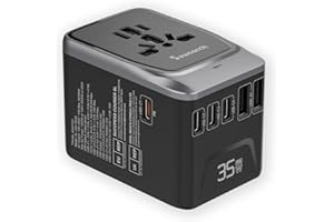 SAUNORCH Universal Travel Adapter, 7 in 1 International Power Plug Adapter with PD 35W 4 USB-C and 2 USB-A Fast Charging,AC Outlet Worldwide Wall Charger for US Europe UK AUS Travel (Black+Silver)