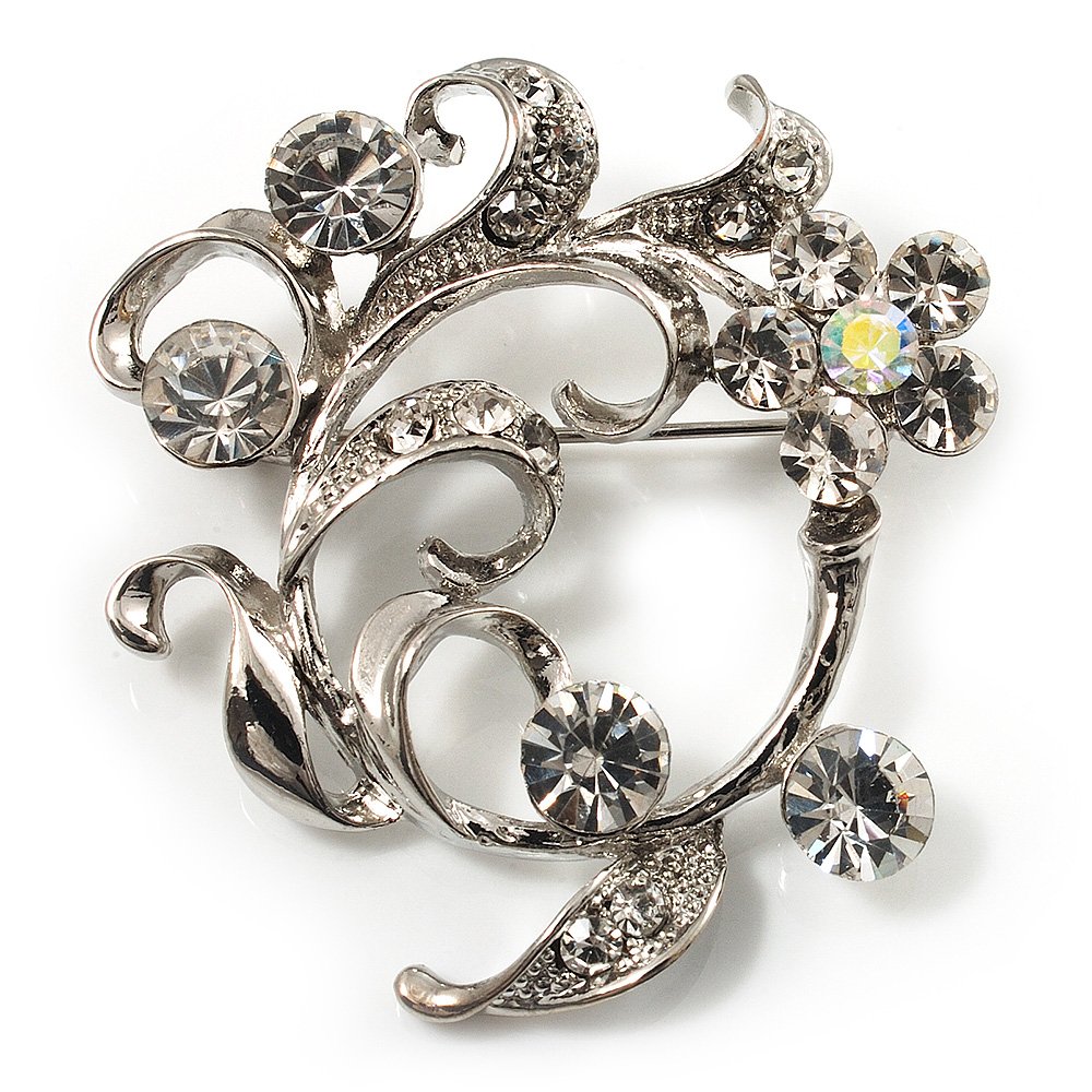 Clear Crystal Floral Wreath Brooch (Silver Tone)