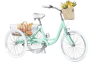 TFONSIGI Adult Tricycles 7 Speed, 20/24/26 inch Tricycle for Adults, 3 Wheel Trikes with Basket, Cruiser Bicycles for Women and Men, Without Mudguard, White/Brown/Black Tires, Front Basket