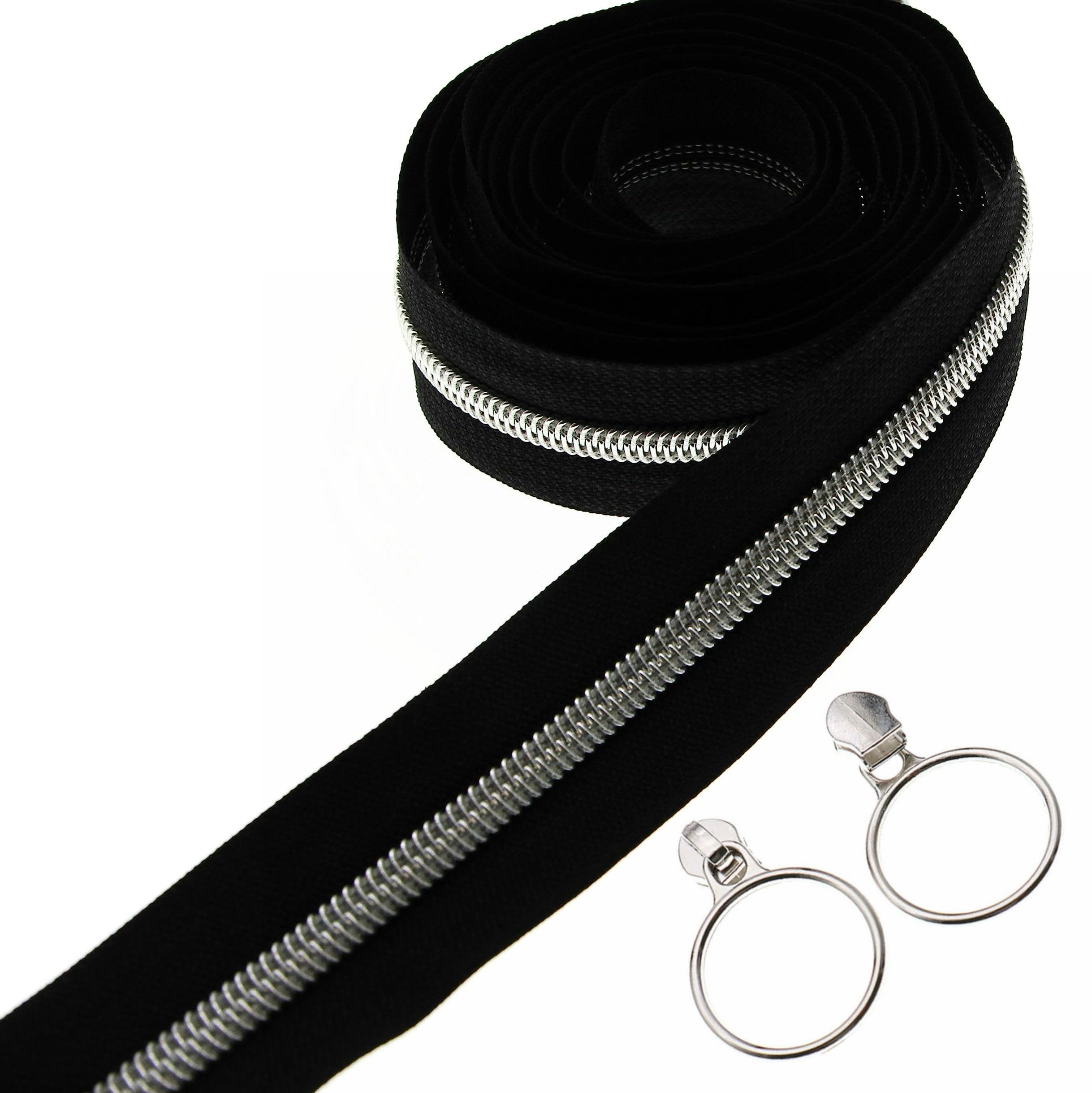 Leekayer #5 Nylon Coil Zippers by The Yard - Bulk 10 Yards Black Tape with 25pcs Sliders for DIY Sewing Tailor Craft Bag (Silver, Black)