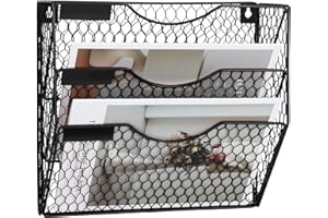 EASEPRES Mail Organizer Wall Mount Hanging File Holder Storage, Metal Chicken Wire Magazine Rack 3 Tier, Black