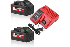 JUNWOOD 2Pack 8.0Ah Replacement for Milwaukee M18 Battery and Charger 18 Volt Battery with Charger Compatible with 18V 48-11-1810 48-11-1815 48-11-1820 48-11-1850 48-11-1828 48-11-1860 Cordless Power Tools