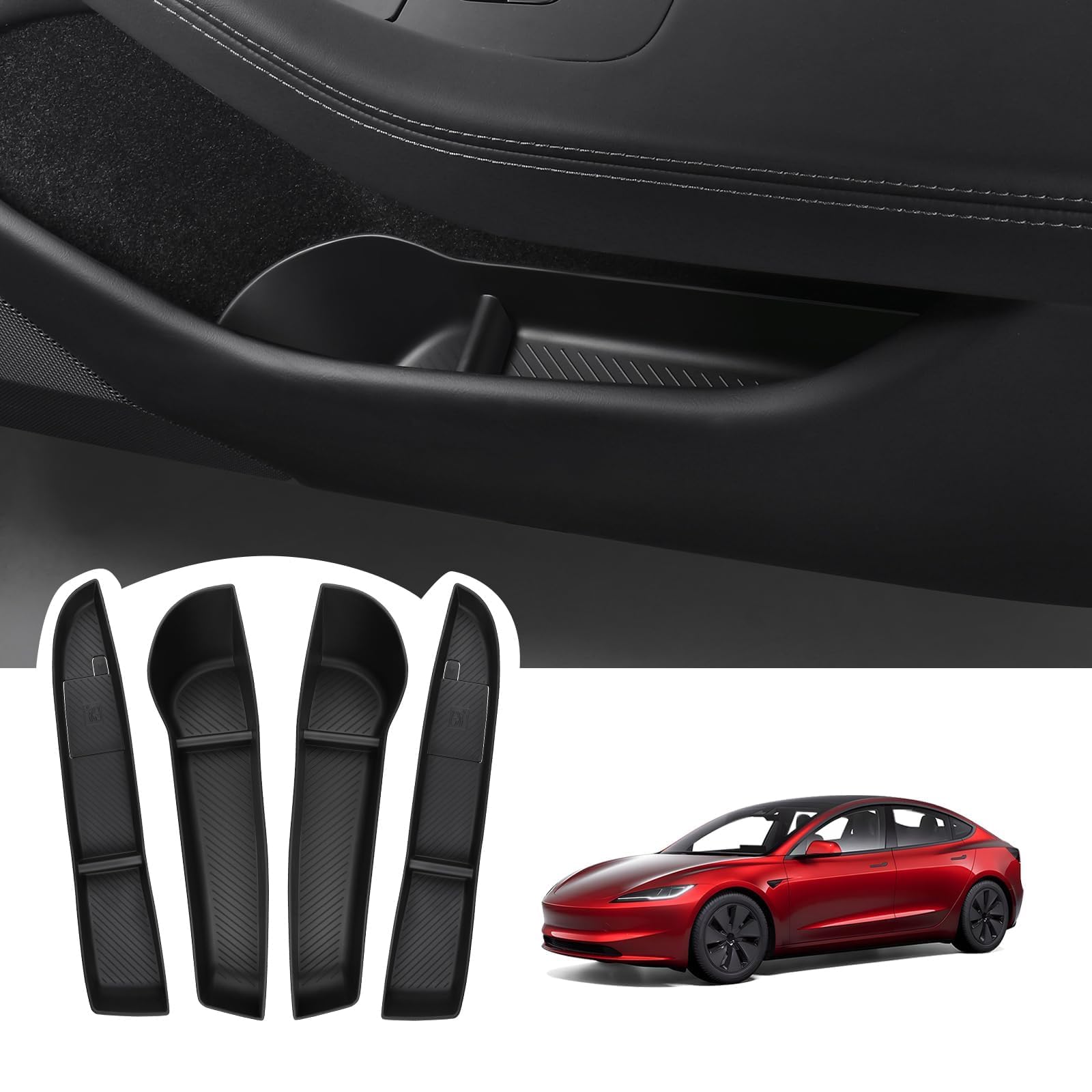 Photo 1 of BASENOR 2026 2025 2024 Tesla Model 3 Door Side Storage Box, Door Pocket Liners, (Proprietary Design) TPE Front & Rear Side Organizer Tray Protector Liner for Model 3 Highland Set of 4