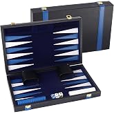 GSE Premium Leather Backgammon Board Game Set, Black&amp;Blue, Small | Portable Travel Folding Backgammon Board, Leather Backgammon Case, Classic Board Strategy Game, For Kids &amp; Adults