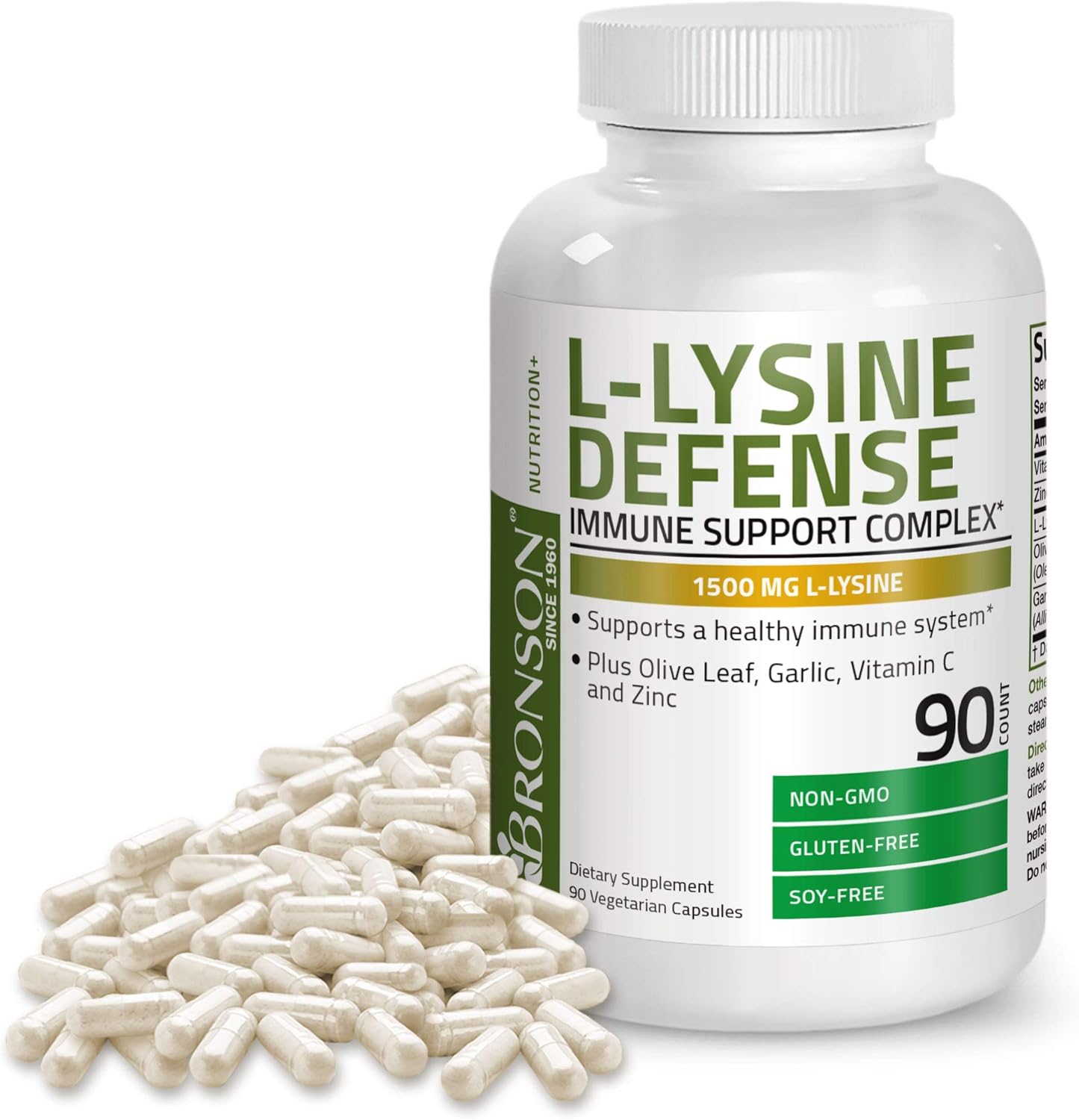 Bronson L-Lysine Defense Immune Support Complex 1500 MG L-Lysine Plus Olive Leaf, Garlic, Vitamin C and Zinc - Non-GMO, 90 Vegetarian Capsules: Health & Personal Care