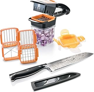 Genius Nicer Dicer Knife Professional (9 Teile) Großes Set mit Messer (Klingenlänge 20 cm) und Nicer Dicer Quick inkl. Auffangbehälter zum Frischhalten