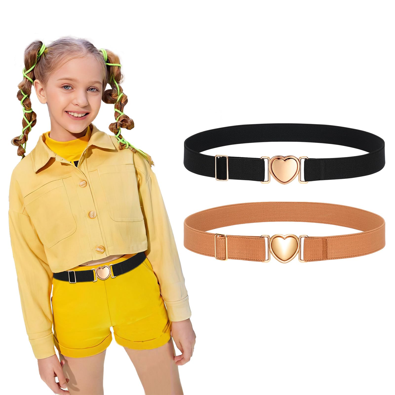 XZQTIVE 2 Pack Kids Elastic Stretch Belts Girls Belts Adjustable toddler Belt Heart Buckle for Girls Boys