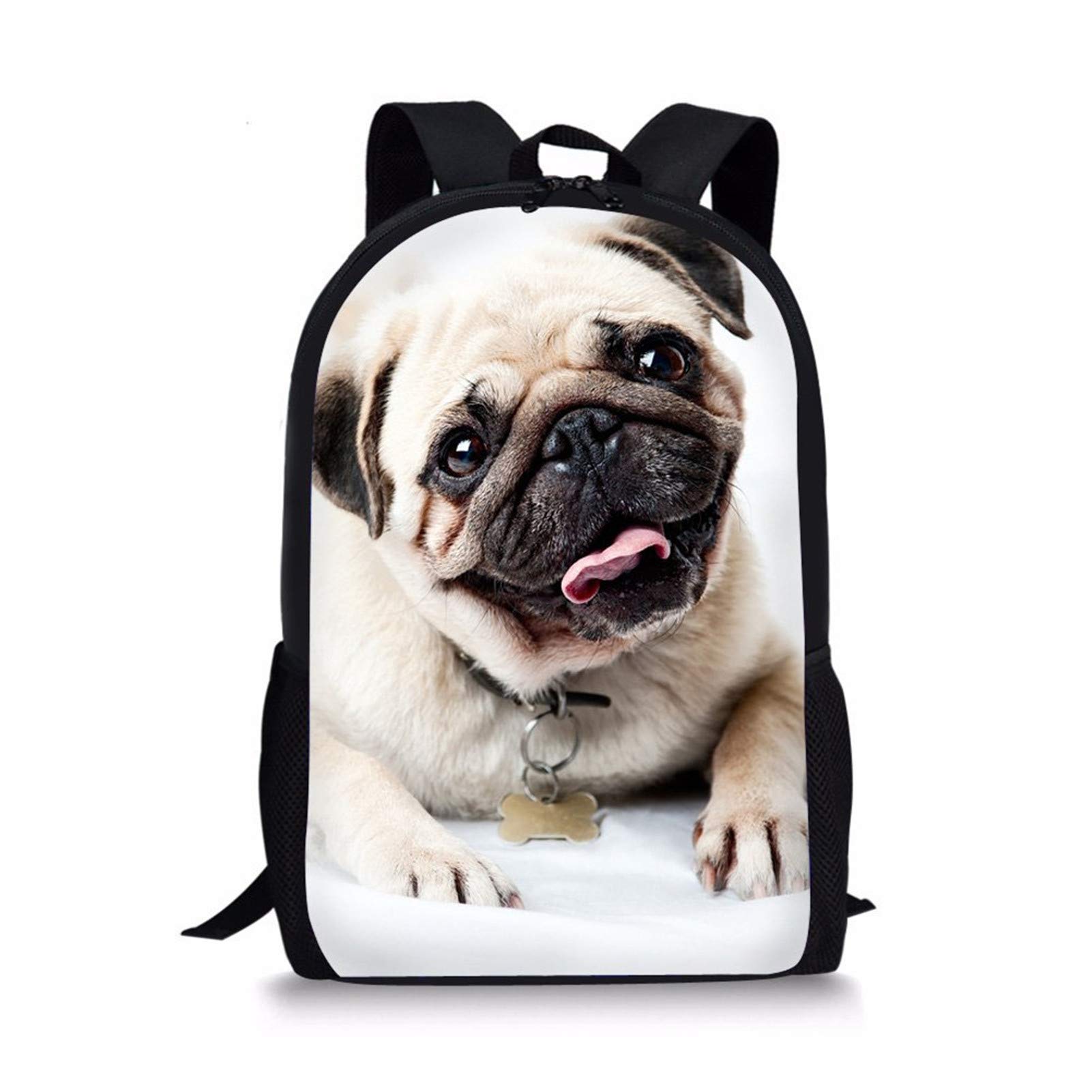 Pug Rucksack Bookbag Children Animal School Bags for Kids Pug Dog Backpack for Boys Girls Shoulder Bag White by Showudesigns