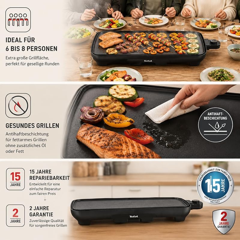 Malaga Plancha, Elektrischer Tischgrill, 2000 W, extra große Grillfläche, stufenlos regelbarer Thermostat, Antihaftbeschichtung, Thermo-Spot, Fettablaufrinne, für 6–8 Personen, Schwarz, CB501812