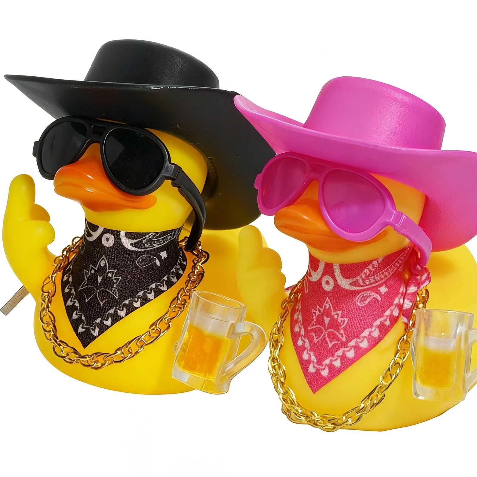 Qwrqwr 2Pack Rubber Ducks Car Dashboard Bath Accessories Mini Yellow Duck Novelty Decoration Gifts with Sunglasses Necklace Cowboy Hat Scarfs for Shower Toy