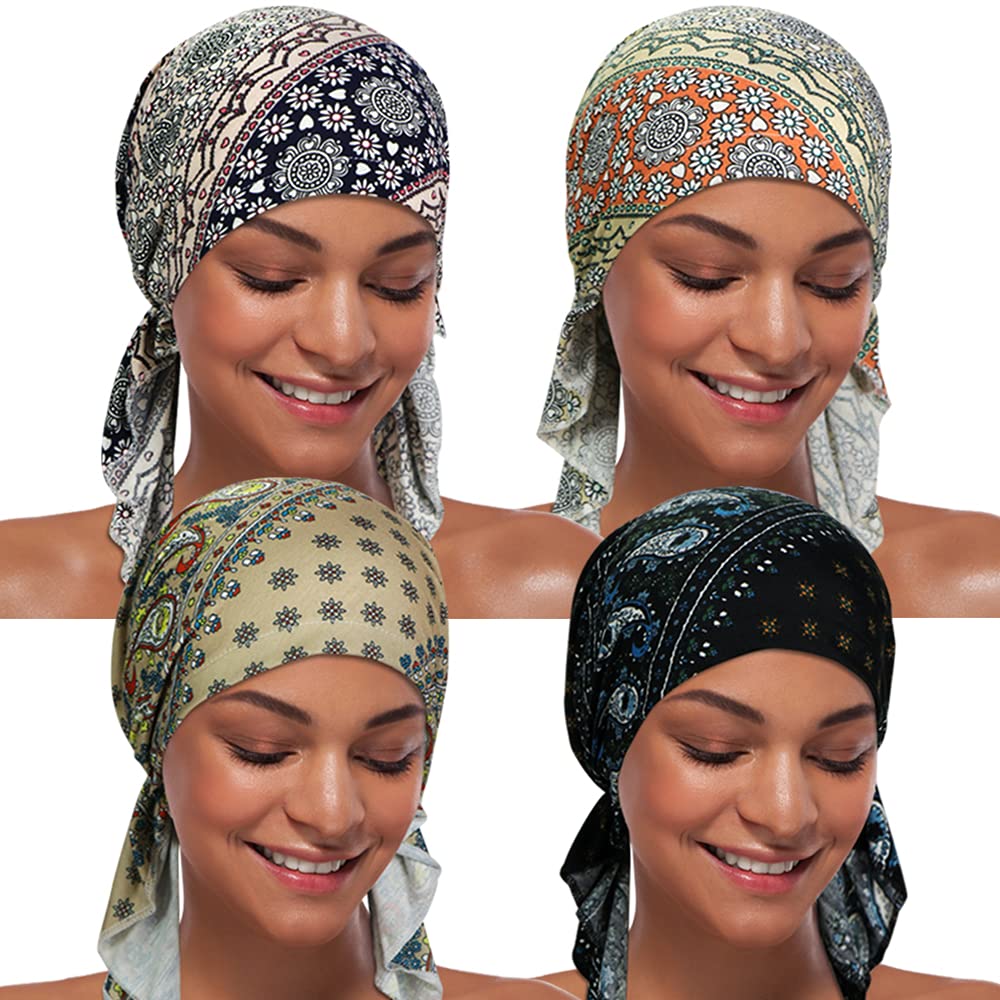 Photo 1 of ASHILISIA 4 Pieces Women Chemo Hat Turban Beanie, Pre-Tied Headwraps Headwear Bandana for Hair Loss