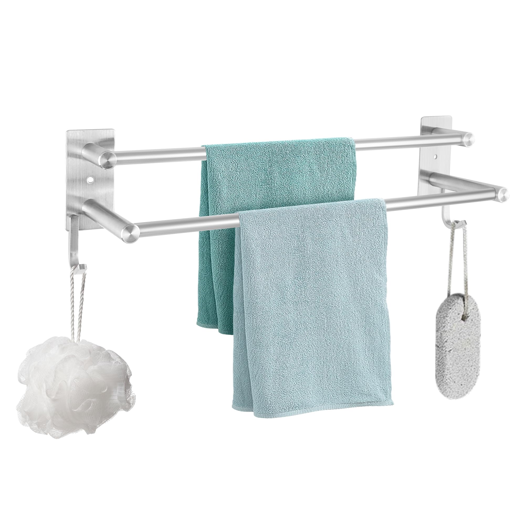YKUKIZEE 40 cm Double Towel Rail Wall Mounted, 304 Stainless Steel Towel Holder Self Adhesive with Hook, 2 Tier Drill Towel Rack Silver for Bathrooms Bath Toilet Shower Hotel