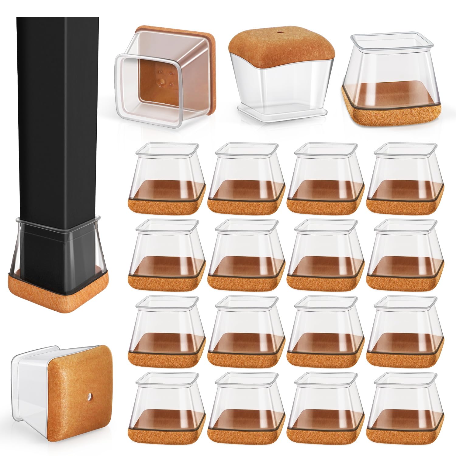 Square Chair Leg Floor Protectors, 16 Pcs Silicone Chair Leg cover caps for Hardwood Floors with Wrapped Felt, Furniture Feet Protectors Pads (Fit:27-36mm)