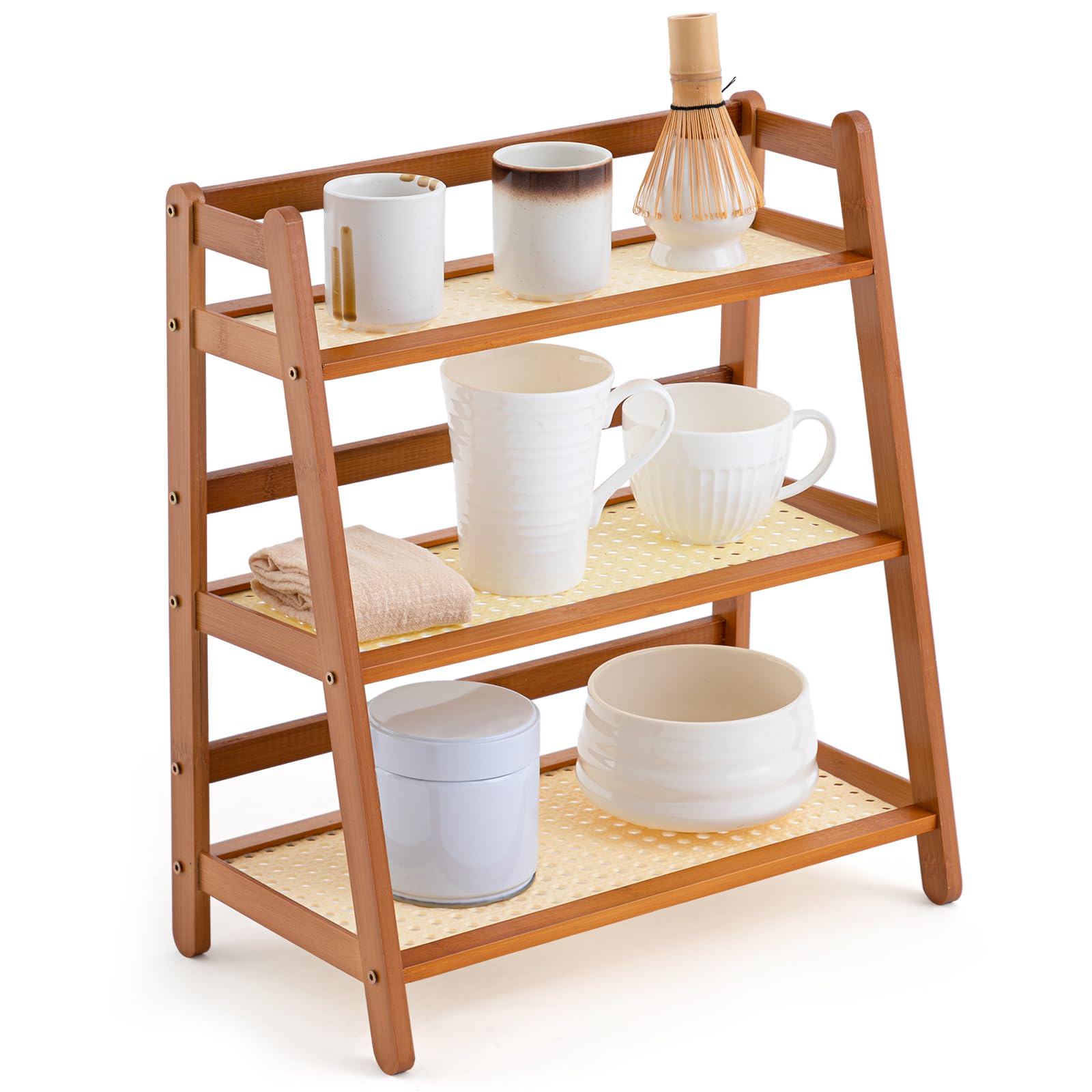 Photo 1 of Yalikop 3 Tier Matcha Station Shelf Bamboo Coffee Mug Stand Countertop Storage Rack,Three Layer Rattan Office Cup, Kitchen, Tea, Plant, Bar Accessories Condiment Display(Brown)