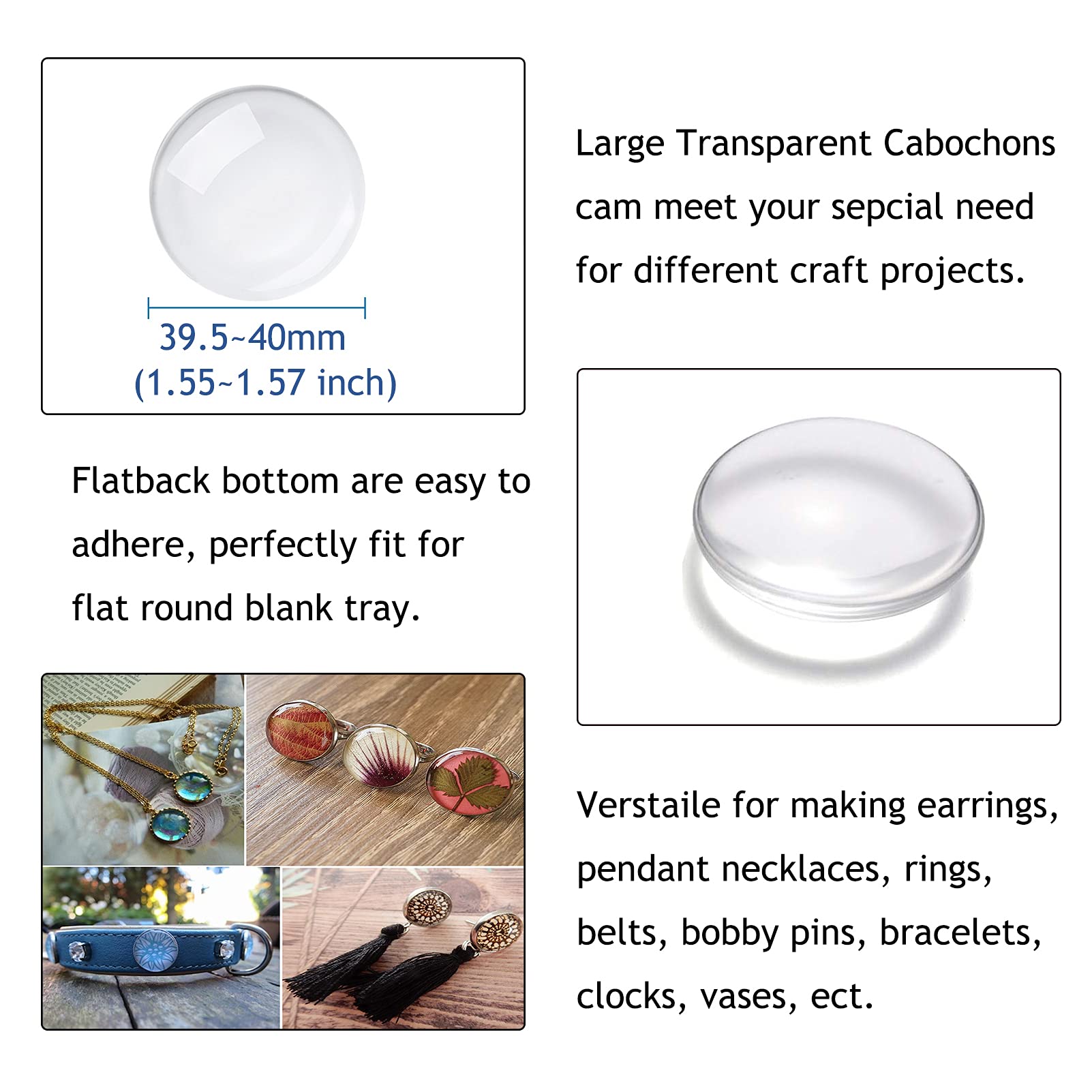 Craftdady 50Pcs Transparent Glass Cabochons 39.5-40mm Clear Glass Flat Back Dome Tile Half Round Cabochon Covers for Photo Pendant Jewelry Making