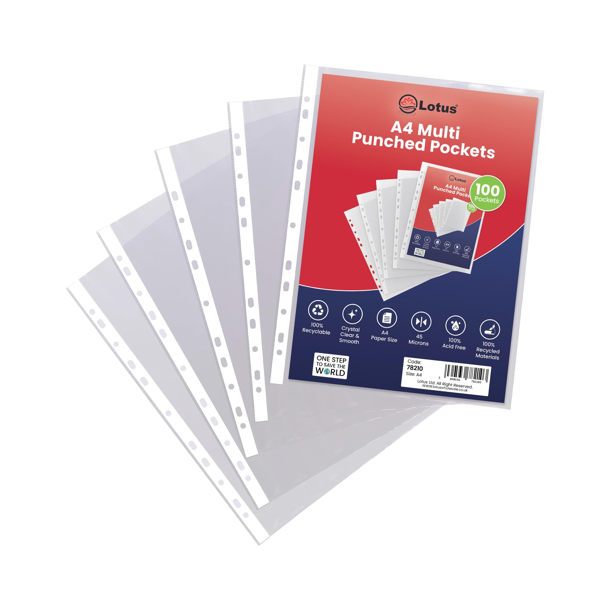 Punched Pocket A4 Strong 45 Micron Transparent Poly Wallets Glass Clear Sheet Protector Sleeve - 78210 (Pack of 100 x 1)