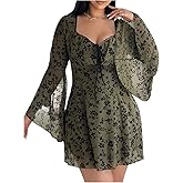 BEAUDRM Women's Plus Size Goth Dress Long Bell Sleeve Bow Tie Dresses Vintage Floral Fall Mini Dresses Party Club Outfits
