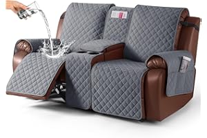 KinCam 100% Waterproof Recliner Loveseat Cover with Console, Non-Slip Reclining Couch Covers for 2 Seat, Recliner Sofa Cover Furniture Protector with Elastic Straps for Kids, Pets, Dark Gray