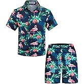 Yoimira Boys Hawaiian Shirt and Short Set Beach Shirts for Kids Printed Casual Outfit 2 Piece with Pocket 7-14 Years