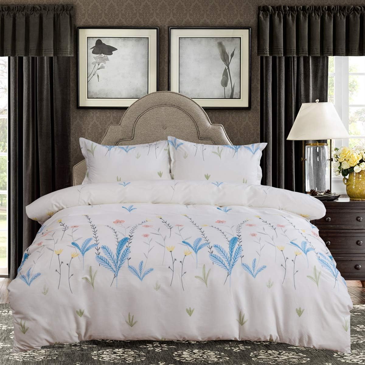 3 Piece Duvet Cover and Pillow Shams Bedding Sets, Hypoallergenic Breathable Soft Cotton Flower Printed with Hidden Zipper and Tieback, Queen Size